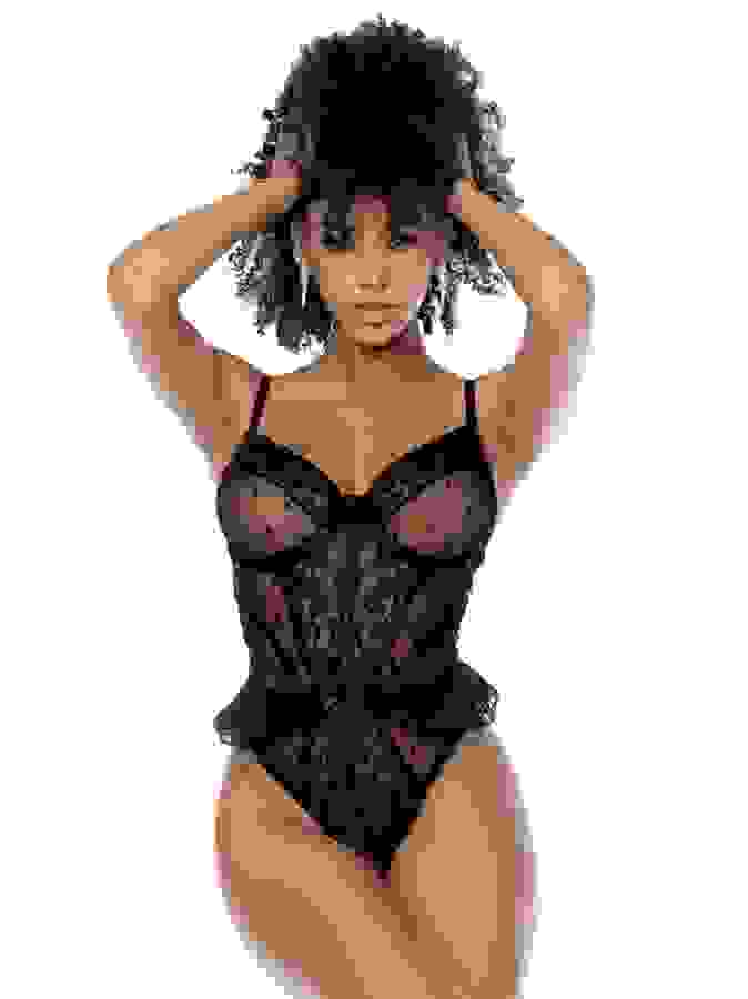 Mapale Black Underwire Lace Ruffle Body, Black, hi-res